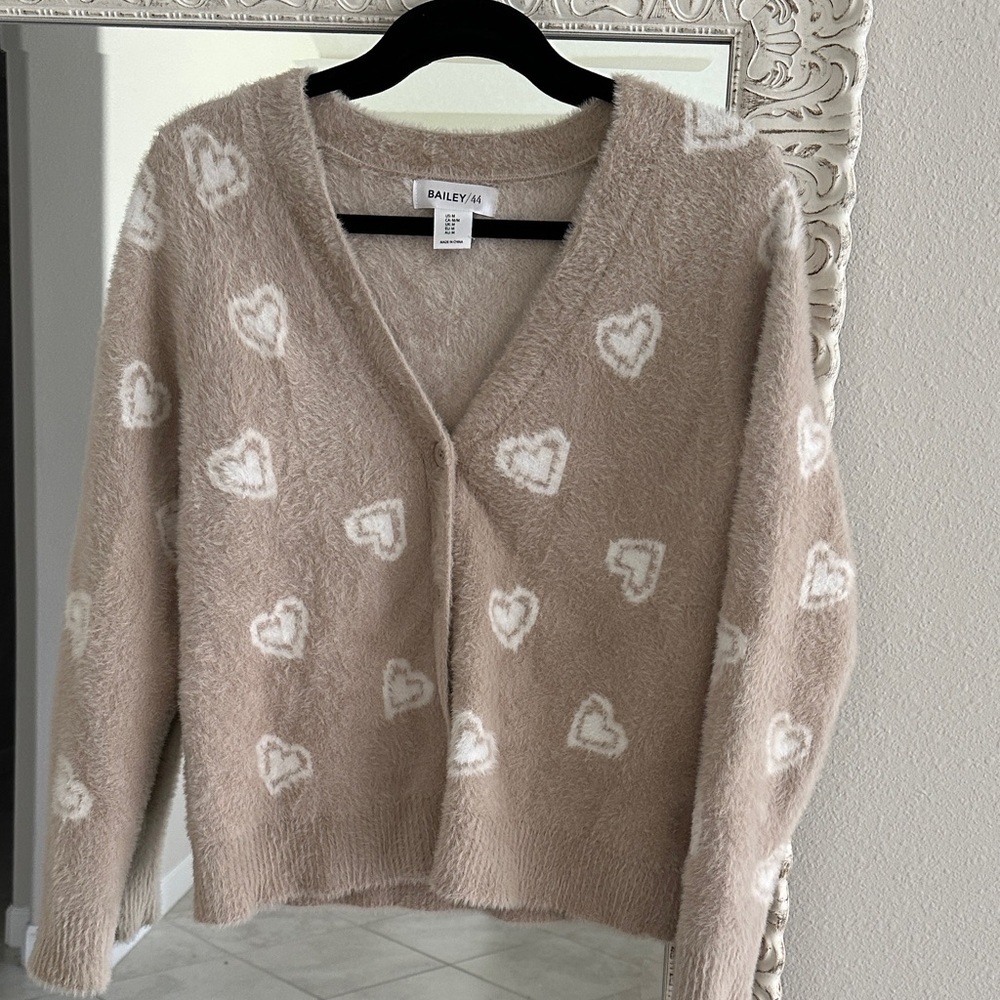 Bailey/44 Beige Cardigan with White Heart Motif